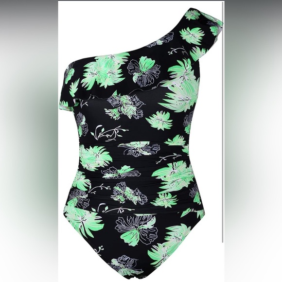Hilor One Piece Asymmetric One Shoulder Bathing Suit Black/Green Womens Size 10 - Picture 2 of 16